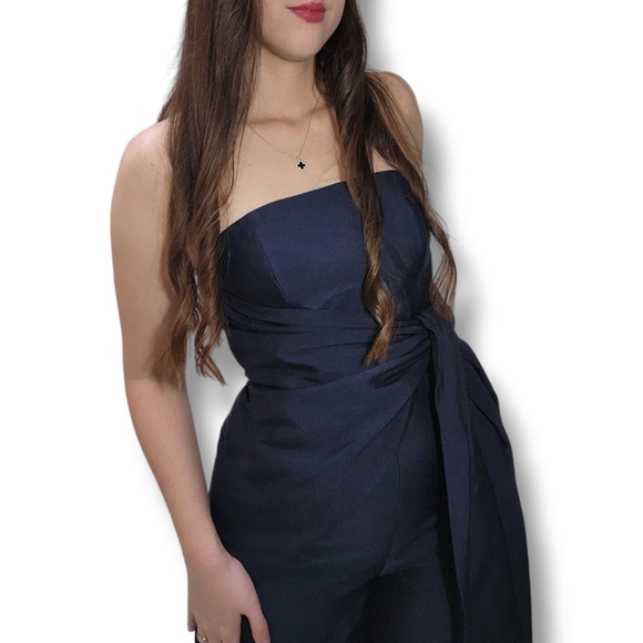 Keepsake the label jumpsuit Navy Blue Strapless Asymmetrical Knot Wide leg (S) - Picture 3 of 14